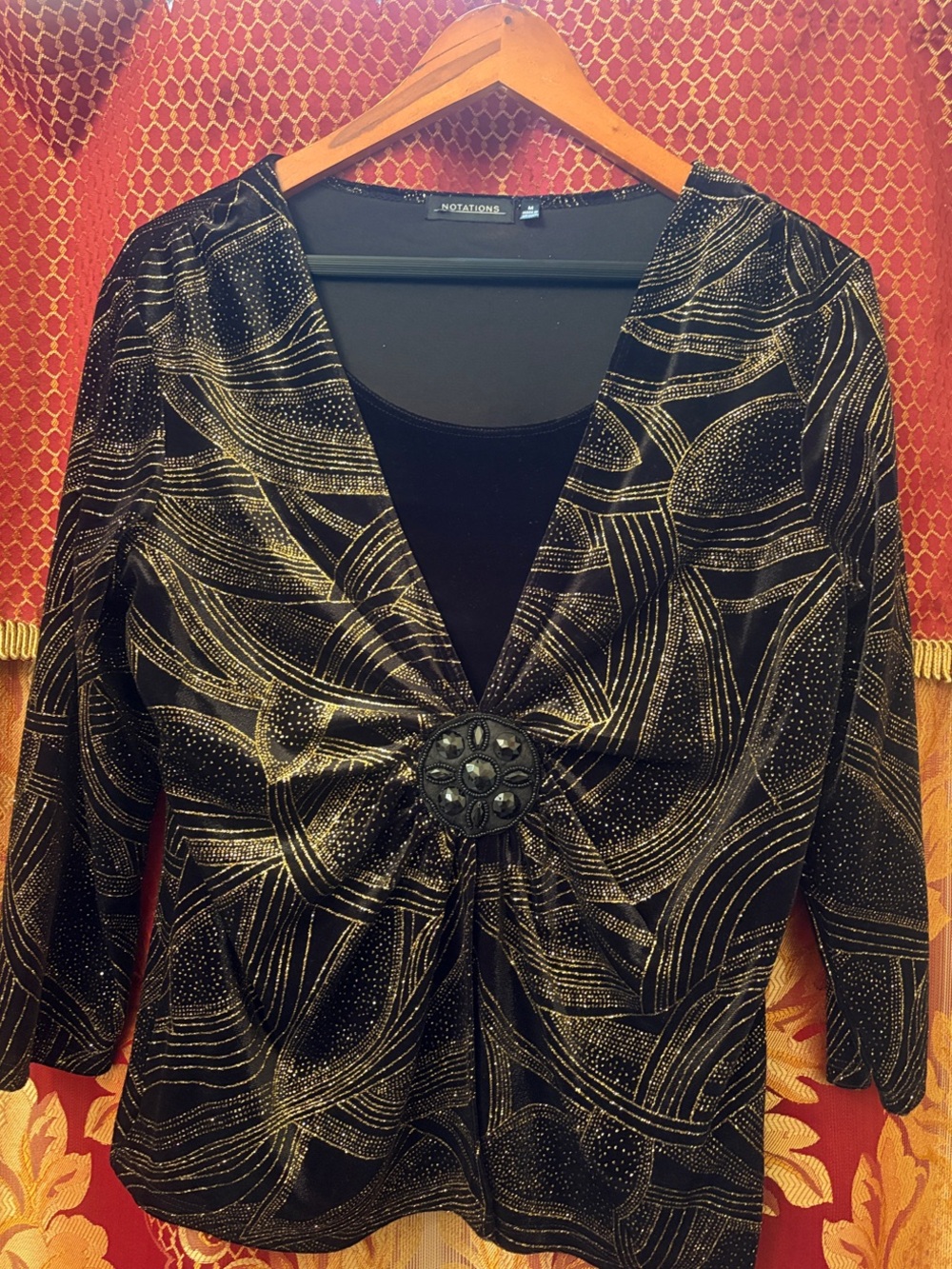 Notations Black and Gold V-Neck Knot Front Tunic